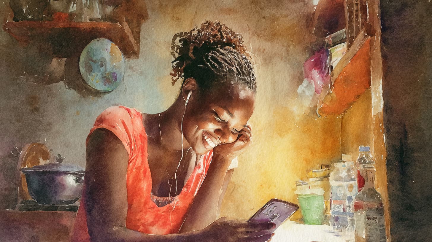 A young woman with earbuds smiling at her phone, hearing Scripture in her language.