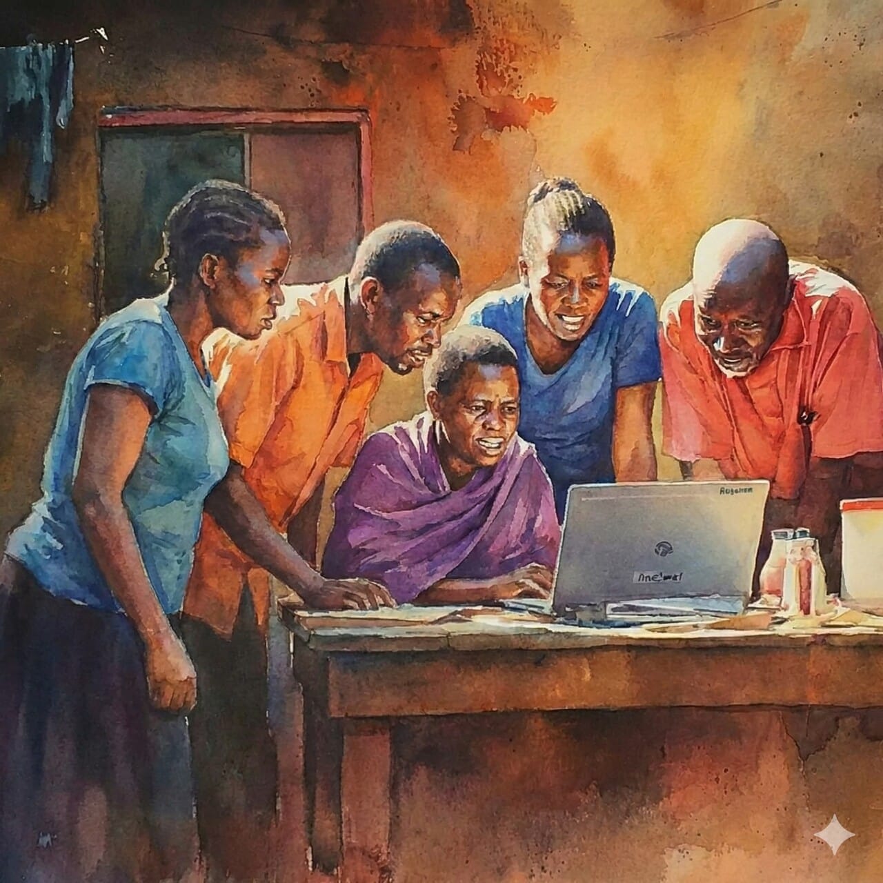 A team of OBT translators gathered around a laptop.